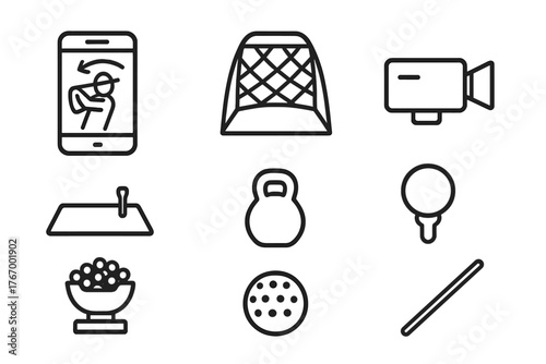 Golf Training Icons. Line style icons of Golf Training: Swing Analyzer, Net, Mat, Video Camera, Weight, Ball Dispenser, Practice