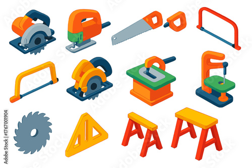 Saw Tools Collection. Isometric vector illustration set Tools: circular saw, jigsaw, handsaw, hacksaw, coping saw, miter saw,