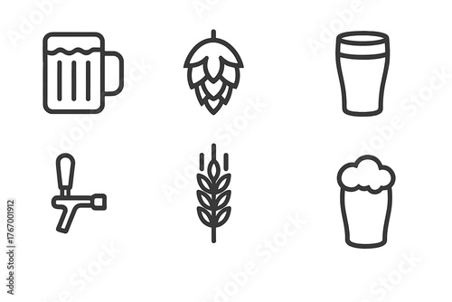 Brewery Line Icons. Line style icons of Brewery: Beer Mug, Hops, Barrel, Pint Glass, Beer Tap, Wheat Sheaf, Keg, Foam Head, No