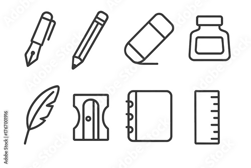 Writing Tools Icons. Line style icons of Writing tools: fountain pen, pencil, eraser, ink bottle, quill, sharpener, notebook,