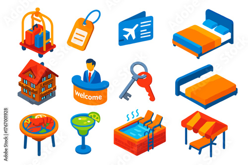 Travel Hospitality Icons. Isometric vector illustration set Travel and Hospitality: cabin trolley, luggage tag, flight ticket