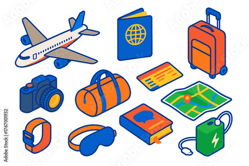 Air Travel Essentials. Isometric vector illustration set Air Travel Essentials: passenger jet, passport with cover, carry-on