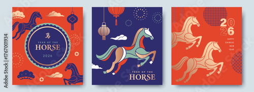 2026 Chinese New Year, year of the Horse. Chinese zodiac horse in geometric flat modern style.

