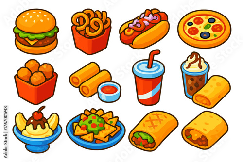 Vibrant Fast Food Icons. Isometric vector illustration set Fast Food Items: guacamole burger, curly fries, thin crust pizza, hot