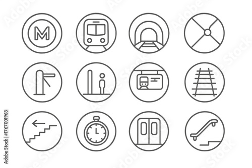 Subway Essentials Icons. Line style round vector icons of Subway: Token, Subway Car, Tunnel, Map; Turnstile, Platform, Arrival
