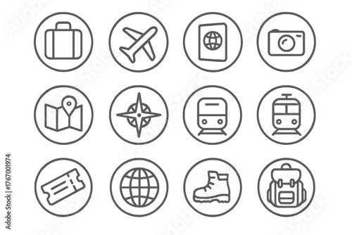 Travel Icons Collection. Line style circular vector icons of Travel: Suitcase, Airplane, Passport, Map; Compass, Camera, Train,