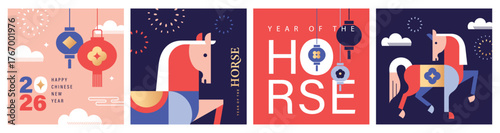 Set of 2026 Chinese New Year, Year of the Horse greeting card, poster, banner, cover, vector illustration in modern geometric flat style. Chinese translation: Horse

