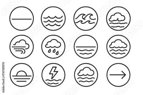 Sea Conditions Icons. Line style round vector icons of Sea Conditions: Calm Sea, Choppy Waves, Whitecaps, Ocean Swell; Gale Winds,