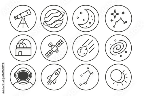 Astronomy Icon Set. Line style circular vector icons of Astronomy: Telescope, Planet, Moon, Stars; Observatory Dome, Satellite,