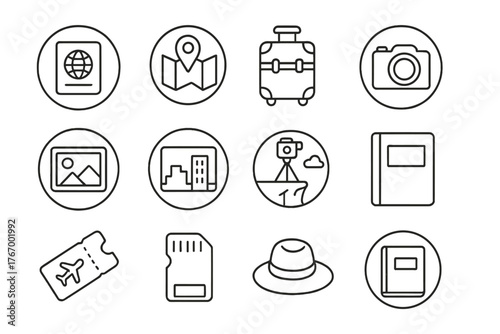 Travel Photography Icons. Line style round vector icons of Travel Photography: Passport, Map Background, Suitcase, Compact Camera;