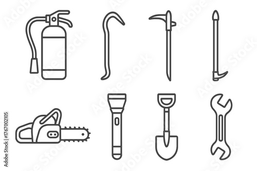 Firefighting Tools Icons. Line style icons of Firefighting tools: extinguisher, crowbar, halligan bar, pike pole, chainsaw,