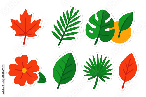 Vibrant Leaf Stickers. Isometric vector illustration set Tropical and Decorative Leaves: maple leaf sticker, palm leaf sticker,