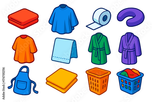 Hairdressing Tools Icons. Isometric vector illustration set Hairdressing and Grooming Tools: towel, salon cape, neck strip roll,