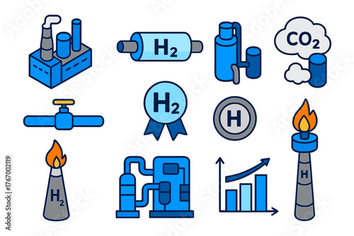 Hydrogen Energy Icons. Isometric vector illustration set Blue and Grey Hydrogen Concepts: steam methane reforming plant, carbon