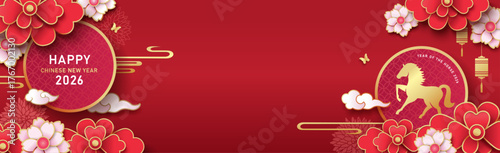 2026 Chinese new year, year of the Horse. Chinese zodiac horse and flowers on red color background vector illustration template for poster, banner, greeting card, cover.

