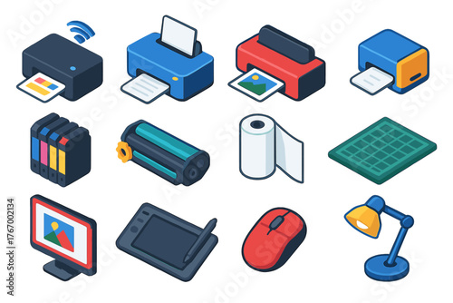 Isometric Printing Tools. Isometric vector illustration set 2D printing, design, and technology: wireless printer, multifunction