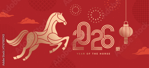 2026 Chinese New Year, Year of the Horse greeting card, poster, banner, cover, vector illustration with golden horse and lanterns in geometric flat style.

