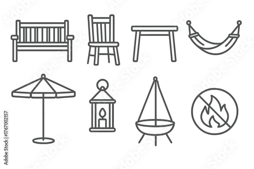 Garden Furniture Icons. Line style icons of Garden furniture: bench, chair, table, hammock, umbrella, lantern, swing, fire pit, No