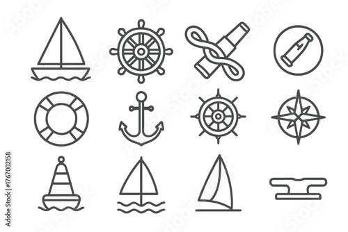 Sailing Line Art Icons. Line style round vector icons of Sailing: Sailboat, Rudder, Nautical Knot, Spyglass; Life Ring, Anchor,