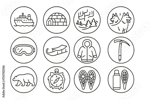 Polar Expedition Icons. Line style round vector icons of Polar Expedition: Icebreaker Ship, Igloo, Aurora Borealis, Huskies; Snow