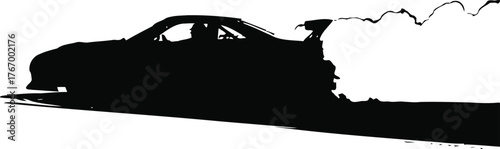 A silhouette of a car drifting with smoke billowing, capturing the essence of speed and control, isolated on white background