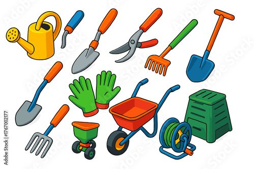 Bright Gardening Tools. Isometric vector illustration set Gardening Tools: watering can, garden trowel, pruning shears, rake,