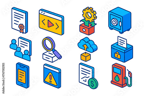 Smart Contract Icons. Isometric vector illustration set Smart Contract Operations: smart contract document, code execution icon,