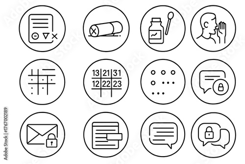 Covert Communication Icons. Line style icons of covert communication in round shape: coded message, dead drop, invisible ink,