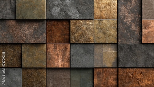 Square tiles in varied shades of brown, gray, and copper