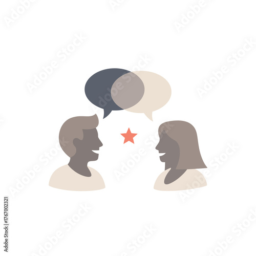 Illustration depicting two people conversing with speech bubbles and a star between them.