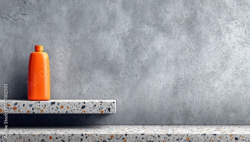 Orange bottle sits on terrazzo shelf against textured gray wall