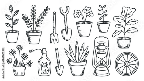 Vector art of collection of potted plants and gardening tools