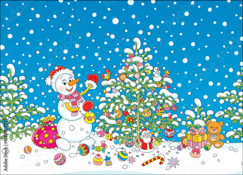 Happy snowman decorating a ...