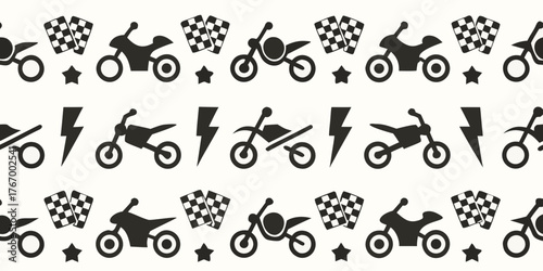 Seamless pattern of black motorcycle silhouettes with racing flags and lightning bolts