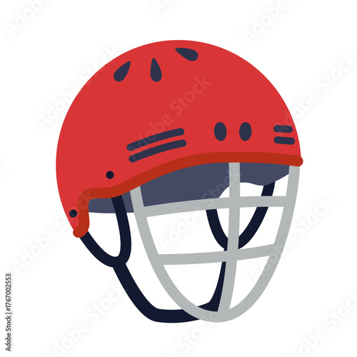 Red protective helmet for hockey or football. Modern vector illustration isolated on white background, hand drawn, flat design