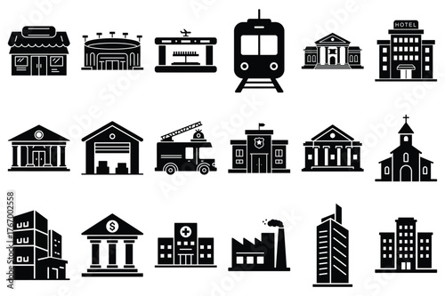 Building and Architecture Minimal Flat Vector Icon Set — Cityscape, Office, Hospital, School, and Landmark Design Collection