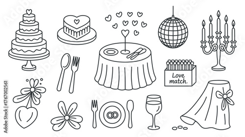 Vector art of wedding celebration elements in doodle style