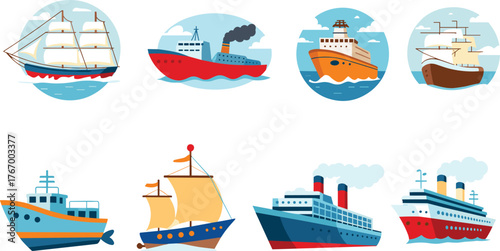Colorful cartoon ships and boats collection, cruise liners, cargo vessels, sailing ships, vector illustration for nautical, travel, marine themes