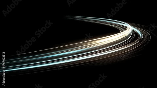 Curved streaks of light in blues and whites against a black background