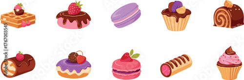 Colorful dessert illustrations, cartoon sweets, cake and pastry icons, macaron, cupcake, donut, chocolate treats, bakery art, food design