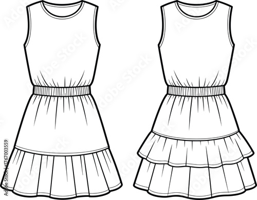 Fashion flat sketch of sleeveless layered dress, stylish women’s apparel design, casual summer outfit illustration, vector technical drawing template