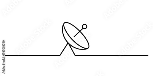 Minimalist continuous line art drawing of a satellite dish antenna on a horizon line vector
