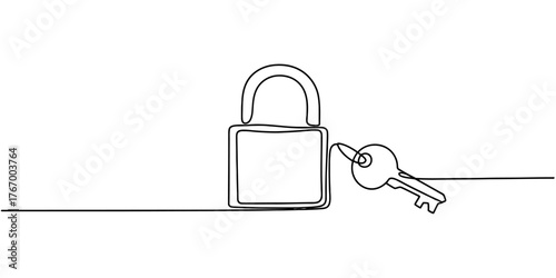 Continuous one line drawing of a padlock and key simple sketch abstract minimalist art vector