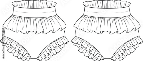 Baby girl ruffle bloomer shorts with layered frills, high waist design, cute infant clothing template, CAD drawing flat vector illustration