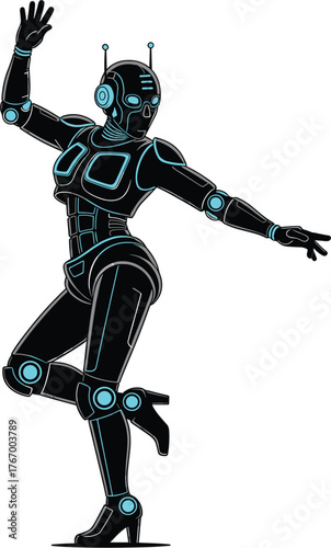 Black and blue female robot in dancing pose android, robot, android, cyborg, artificial intelligence, ai, technology, futuristic, science fiction, mechanical, machine, humanoid, female, woman, black, 