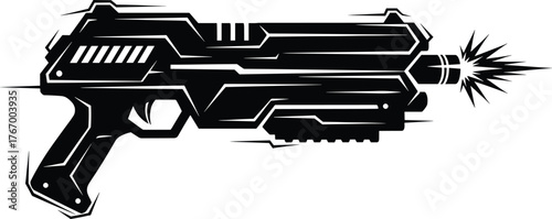 Black silhouette of a firing futuristic laser gun with muzzle flash, silhouette, futuristic, laser, gun, weapon, pistol, sci-fi, science fiction, technology, futuristic weapon, ray gun, energy weapon,
