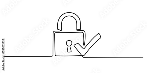 Minimalist single line drawing of a padlock with a checkmark symbolizing security and approval vector