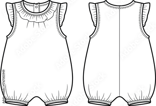 Baby romper flat sketch, sleeveless jumpsuit design, ruffle collar infant outfit, fashion technical drawing, vector apparel illustration, template