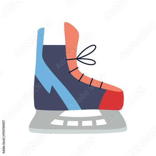Ice hockey skate in red and blue tones, winter sport equipment. Modern vector illustration isolated on white background, hand drawn, flat design