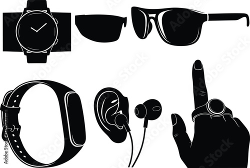 Collection of black and white icons of accessories accessories, collection, icons, jewelry, accessories, style, smart, earbuds, symbols, icons, modern, wearable, technology, in-ear, object, ear, white